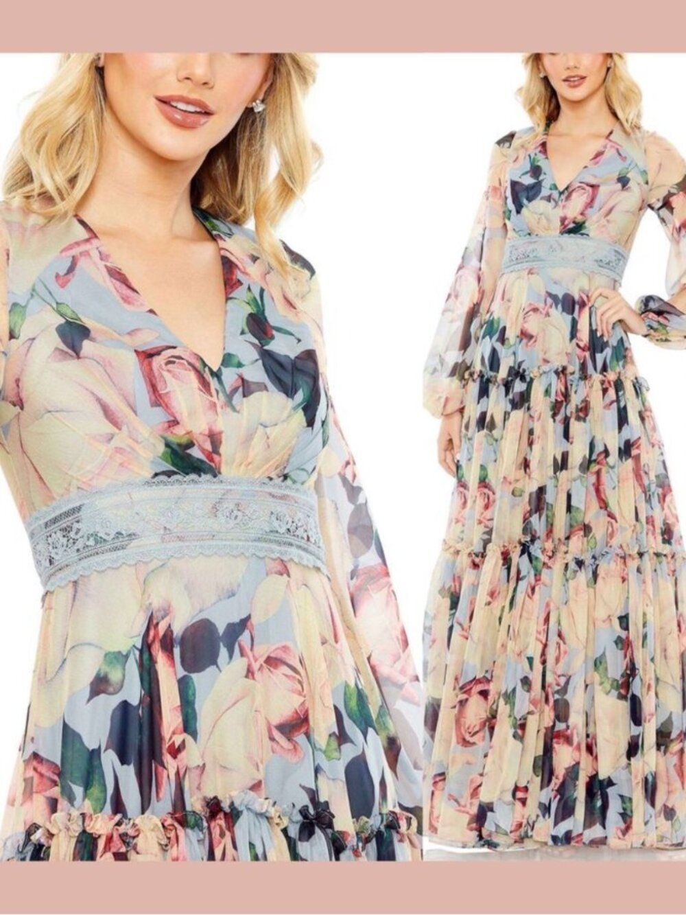 Mac Duggal Floral Puff Sleeve Sheer Long Ruffled Dress Size 10